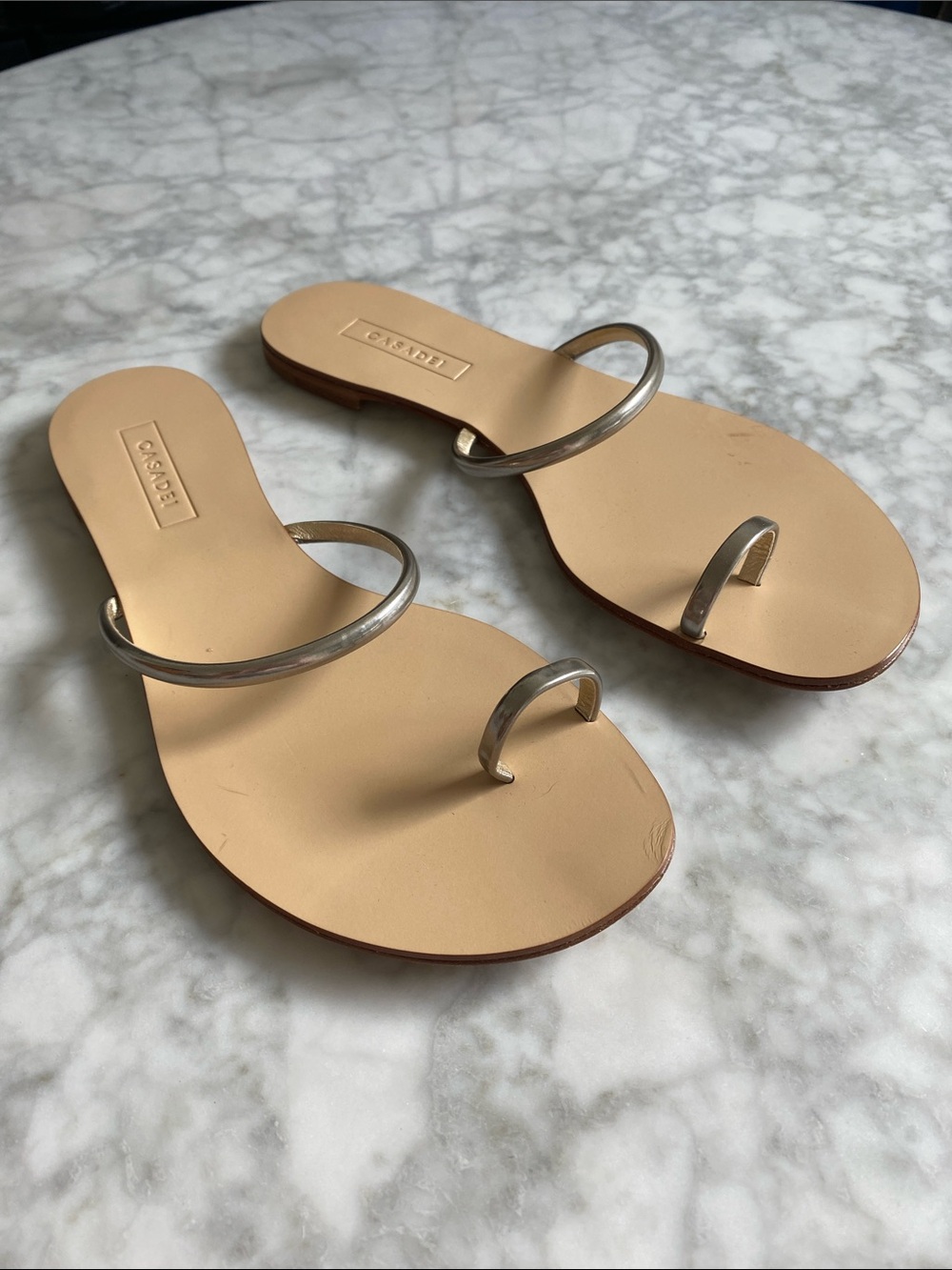 Casadei Beige Leather Slide Sandals with Silver Straps 37.5